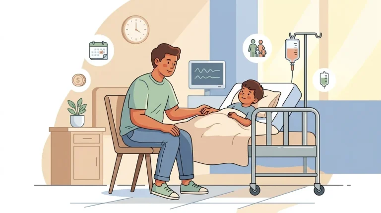 Un père visite son fils à l'hôpital, assis sur un lit avec monitoring