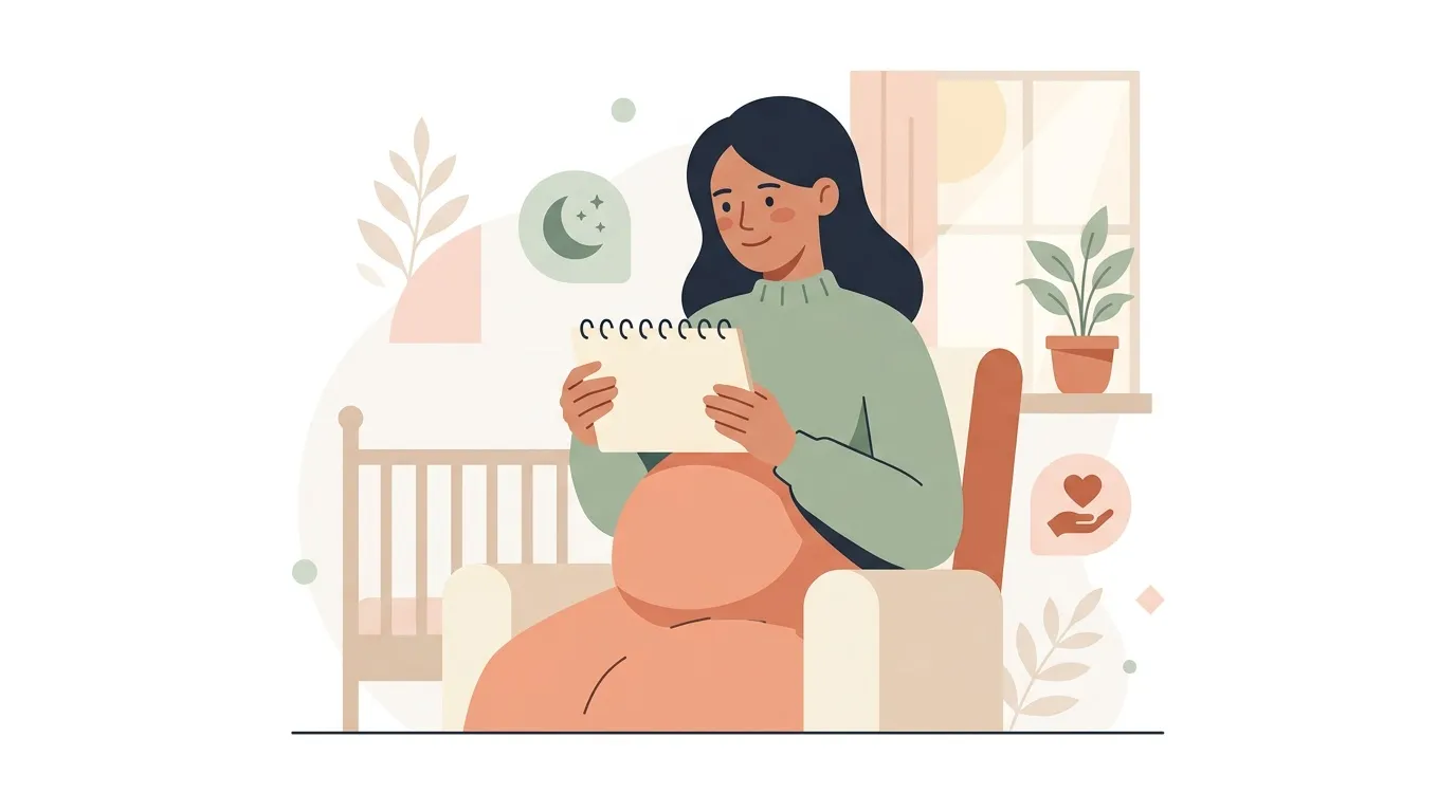 Femme enceinte assise lisant, entourée de plantes et décoration zen