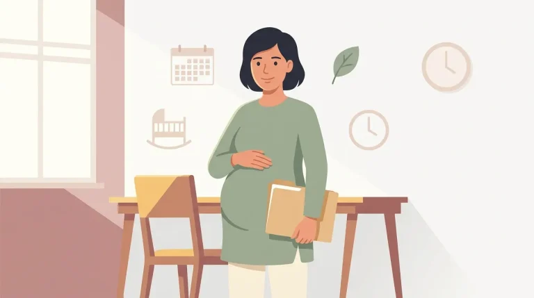 Femme enceinte tenant un dossier, entourée de symboles de planification