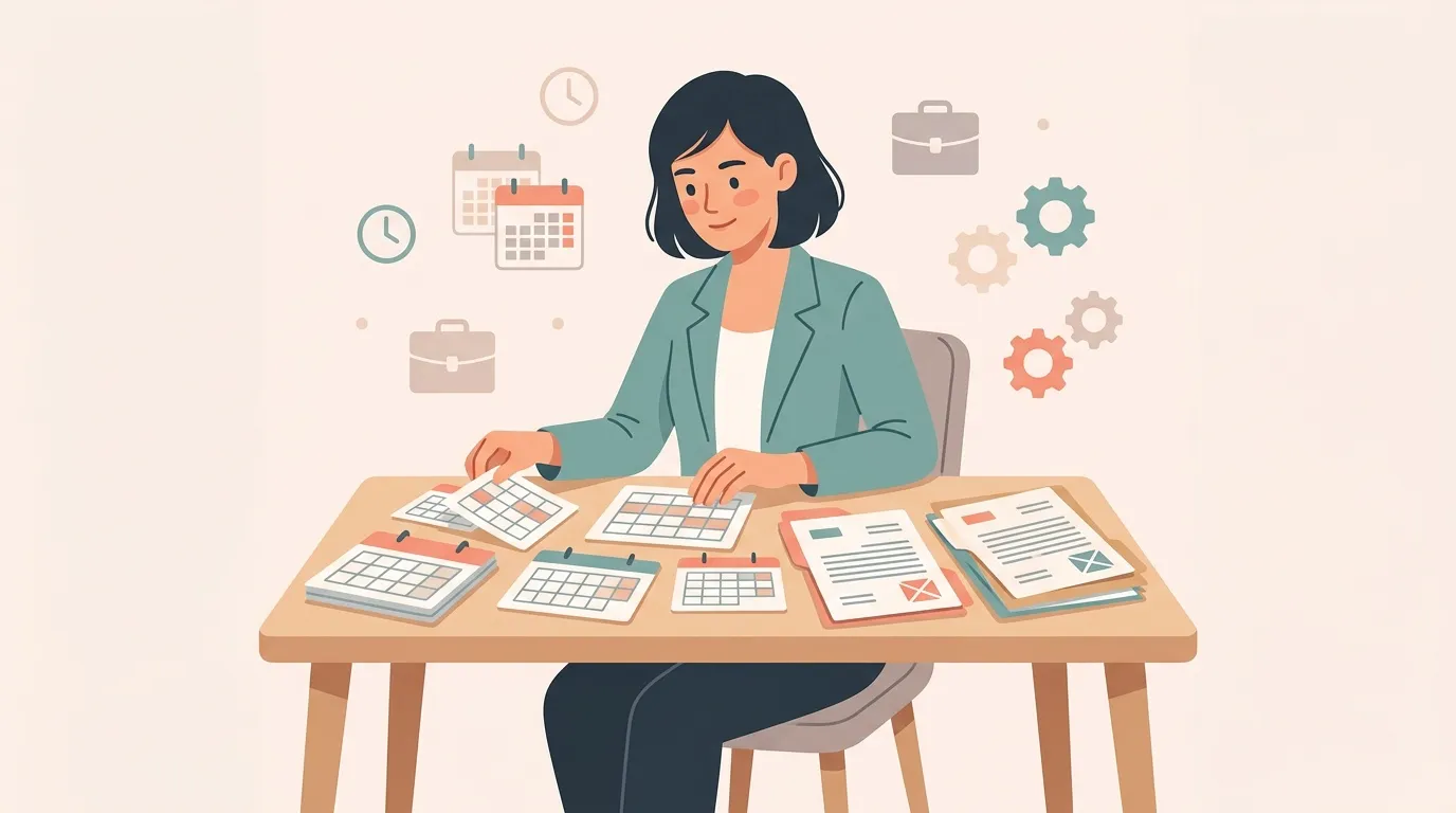Femme planifiant ses tâches avec calendriers et documents