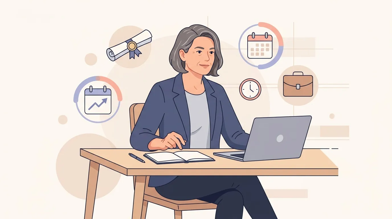 Femme d'affaires travaillant sur ordinateur avec symboles de productivité
