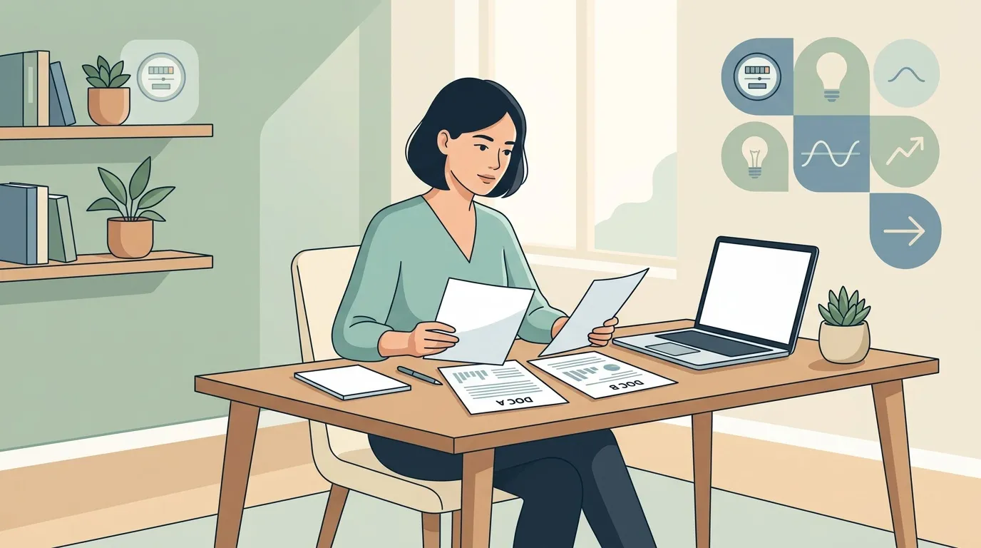 Femme à son bureau avec laptop et documents, plantes vertes
