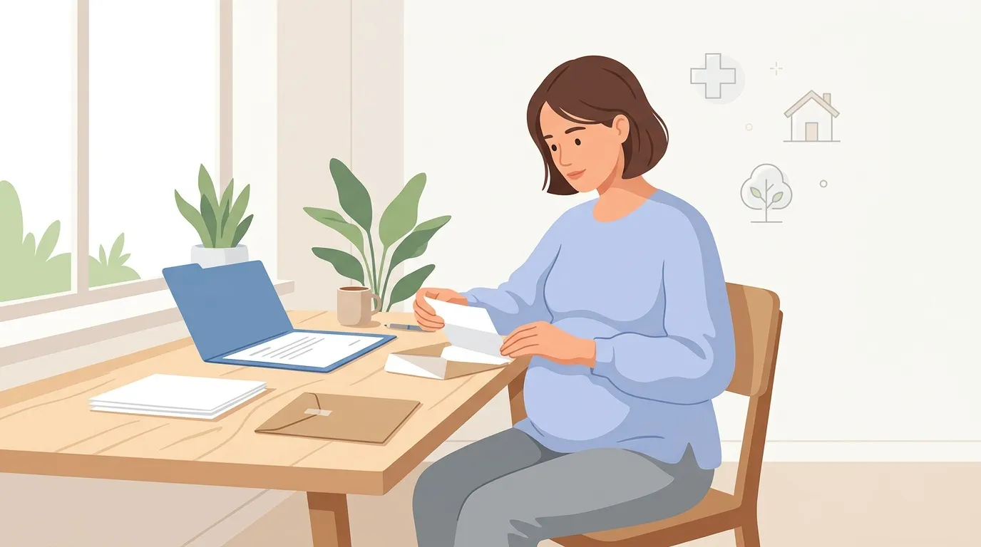 Femme enceinte travaille à son bureau avec laptop