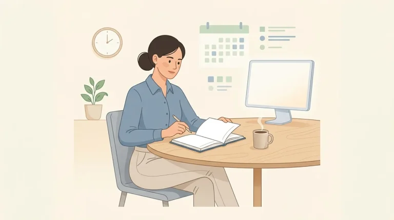 Femme assise à son bureau avec ordinateur et documents