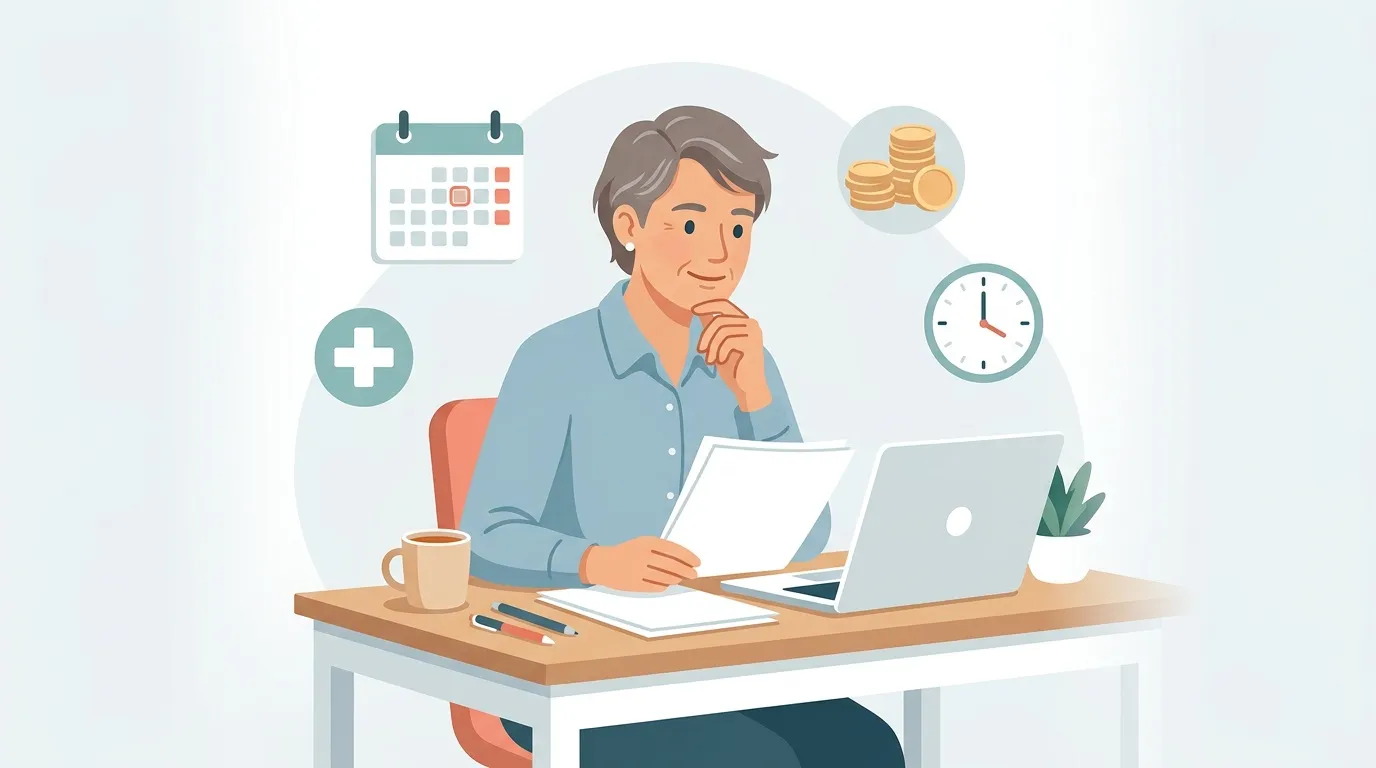 Femme travaillant à son bureau avec symboles de productivité