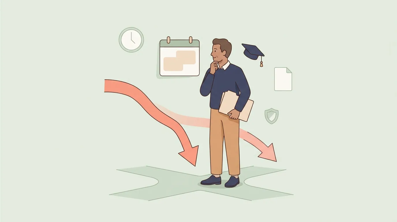 Homme réfléchissant entouré de symboles de travail et décisions
