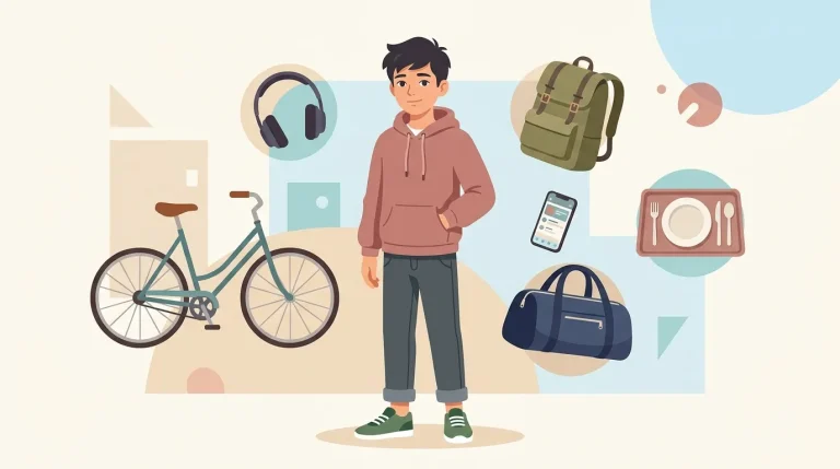 Garçon entouré de vélo, sac, casque, téléphone et accessoires