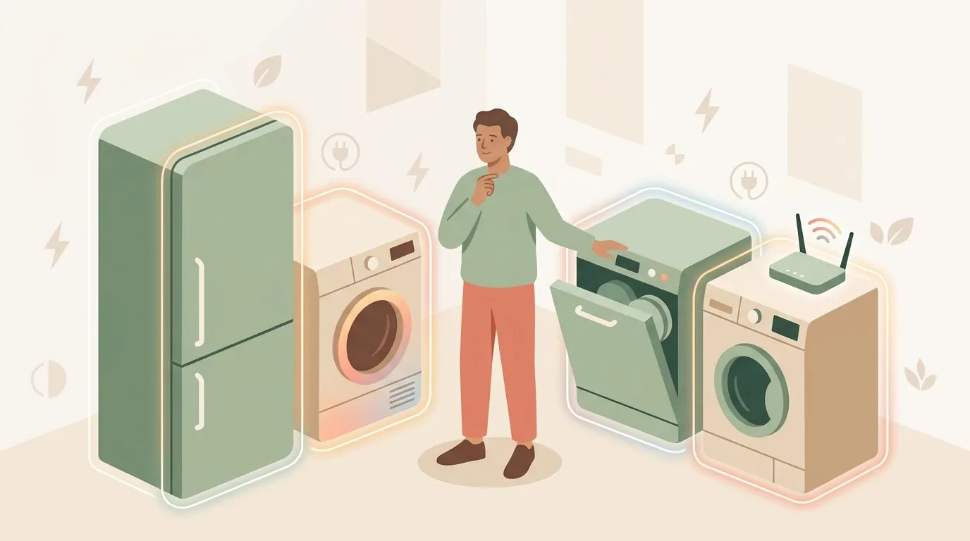 Homme entouré d'appareils électroménagers intelligents connectés