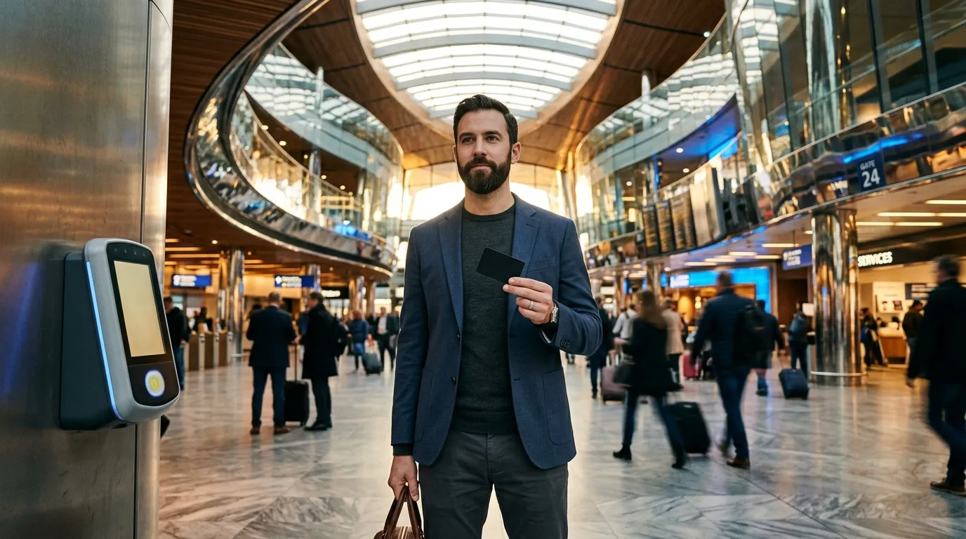 Homme avec mallette dans une gare moderne et lumineuse